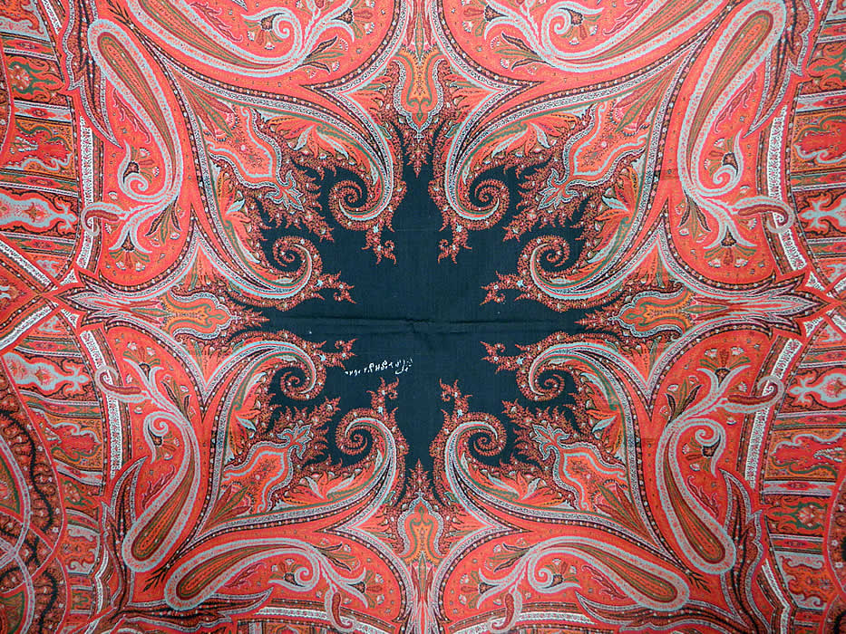 Victorian Antique Jacquard Hand Loom Wool Black Star Center Signed Paisley Shawl
