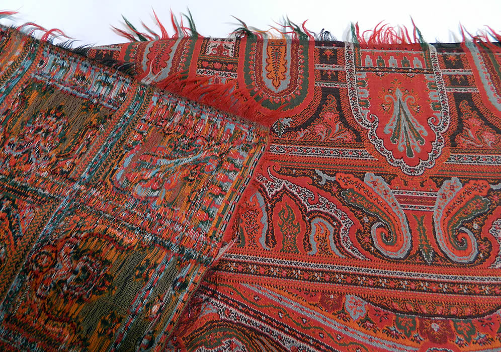 Victorian Antique Jacquard Hand Loom Wool Black Star Center Signed Paisley Shawl