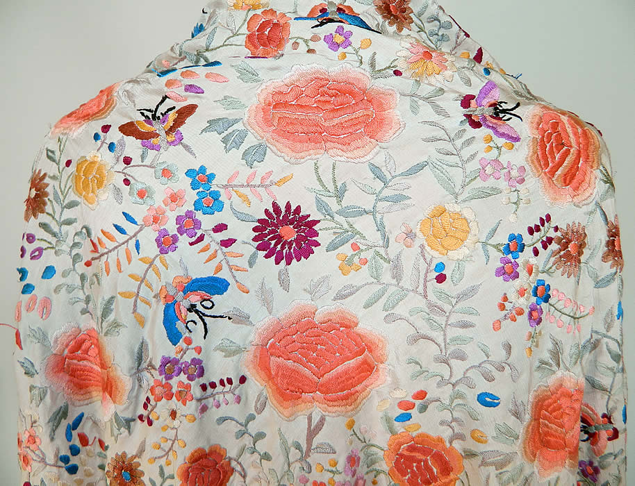 Antique White Silk Pastel Embroidered Floral Butterfly Canton Piano Shawl