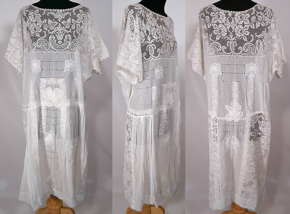 Vintage White Batiste Filet Lace Embroidered French Knot Drop Waist Dress