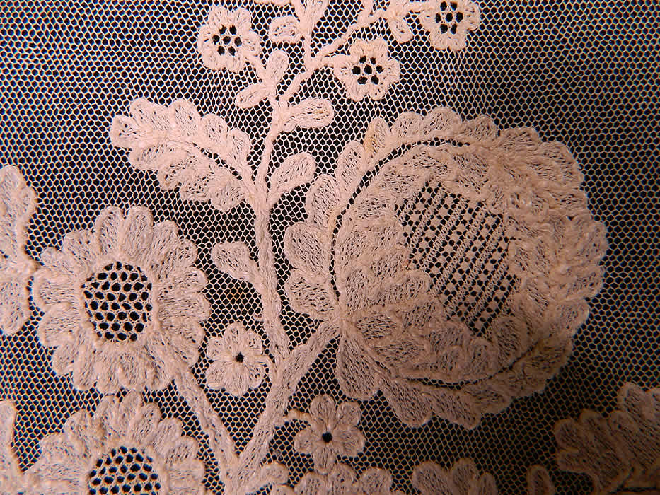 Antique Georgian Regency Blonde Bobbin Lace Tambour Embroidery Bonnet Face Veil close up