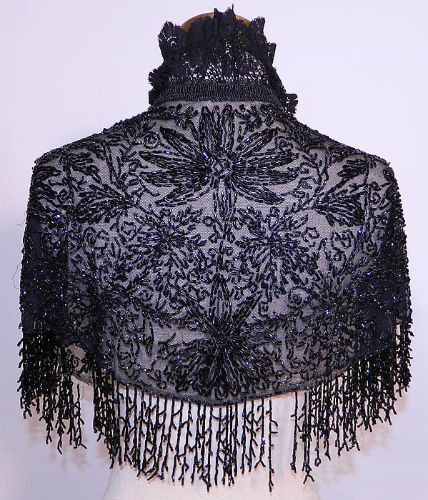 Victorian Sheer Black Net Beaded Fringe Short Cloak Cape Capelet back view.