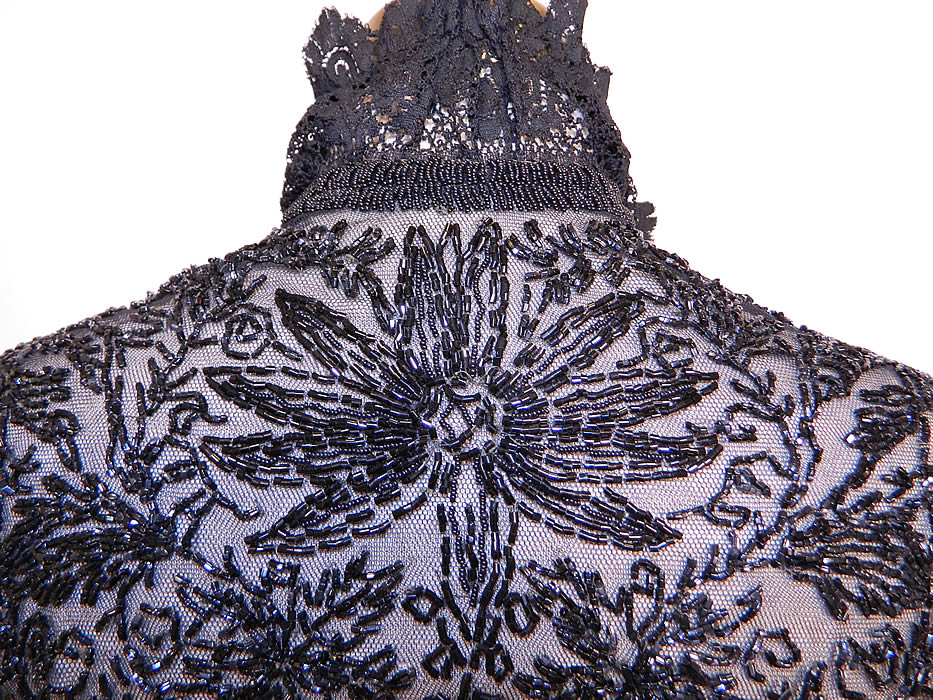 Victorian Sheer Black Net Beaded Fringe Short Cloak Cape Capelet back view close up.