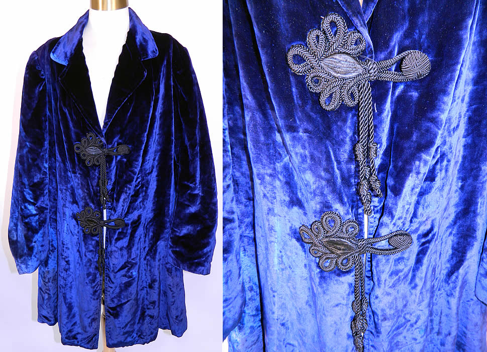 Edwardian Sapphire Blue Velvet Black Toggle Evening Coat