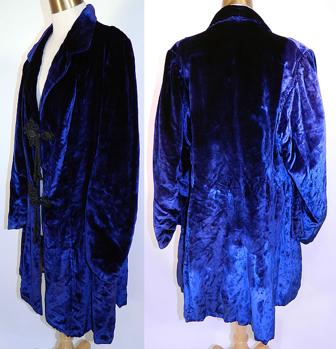 Edwardian Sapphire Blue Velvet Black Toggle Evening Coat