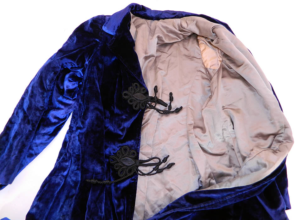 Edwardian Sapphire Blue Velvet Black Toggle Evening Coat