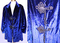 Edwardian Sapphire Blue Velvet Black Toggle Evening Coat