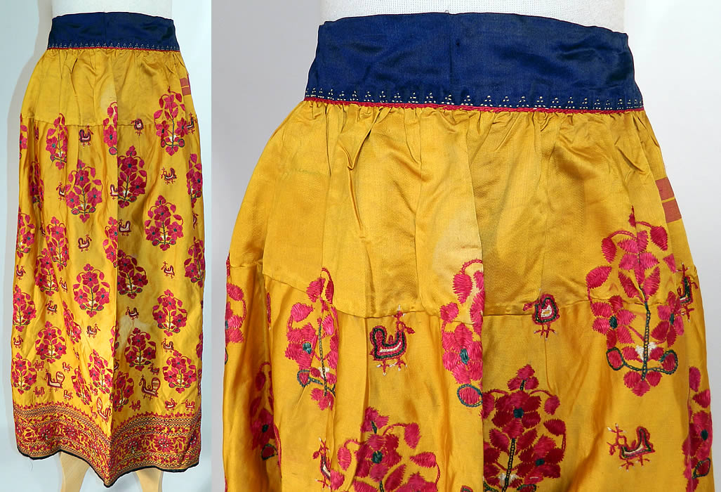 Antique Chinese Tibetan Indian Yellow Silk Kutch Embroidery Skirt