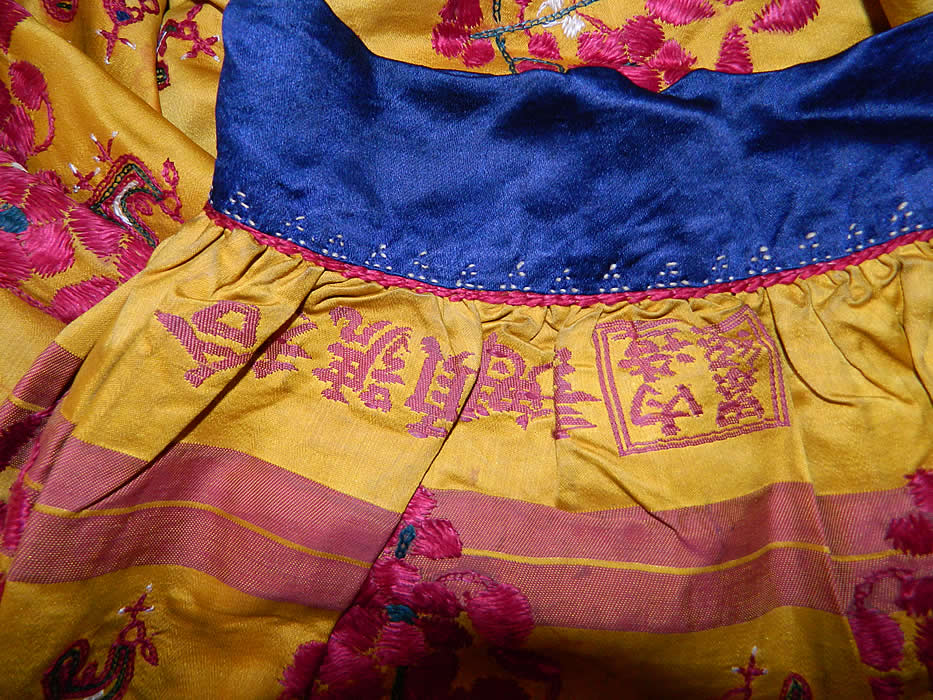 Antique Chinese Tibetan Indian Yellow Silk Kutch Embroidery Skirt close up