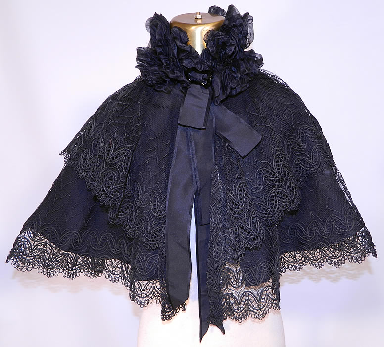 Victorian Black Net Lace Silk Neck Ruffle Mourning Cloak Cape Capelet