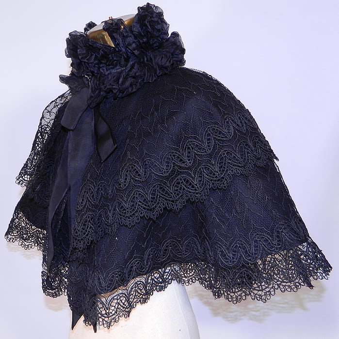 Victorian Black Net Lace Silk Neck Ruffle Mourning Cloak Cape Capelet