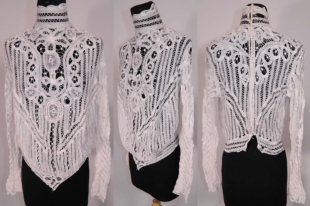 Edwardian Antique White Battenburg Tape Lace Applique Sheer Blouse Shirt Top