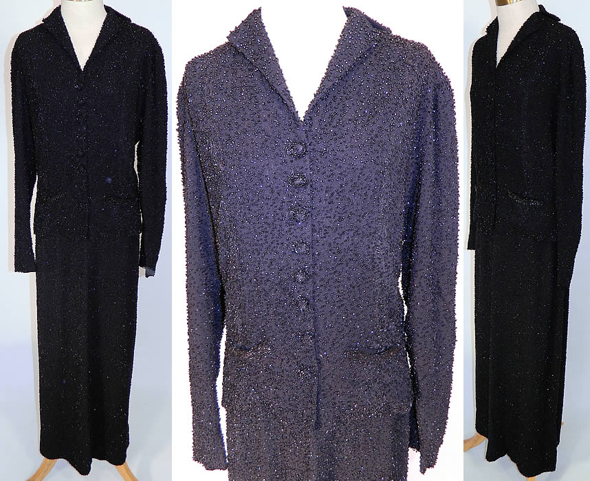 Vintage Black Silk Beaded Evening Dress Suit Jacket & Long Skirt