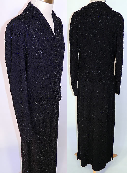 Vintage Black Silk Beaded Evening Dress Suit Jacket & Long Skirt