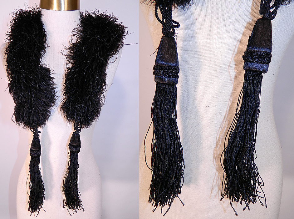 Victorian Black Ostrich Feather Neck Boa Collar Scarf & Tassels. There are two large black silk fringed tassels hanging down from each side. 