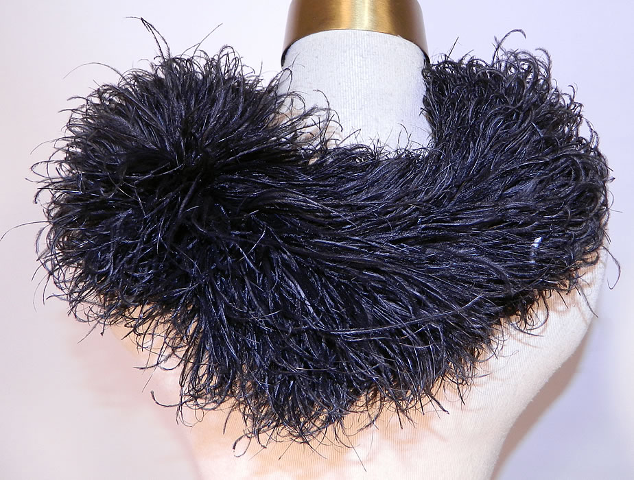 Victorian Black Ostrich Feather Neck Boa Collar Scarf & Tassels back view. This is a wonderful piece of antique Victoriana wearable art