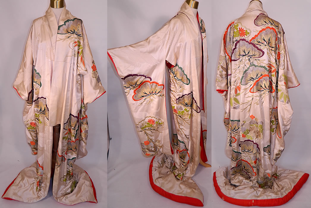 Vintage Japanese Crane Silk Brocade Pine Embroidered Uchikake Wedding Kimono.  This vintage Japanese crane silk brocade pine embroidered uchikake wedding kimono dates from the Showa period 1930s. 