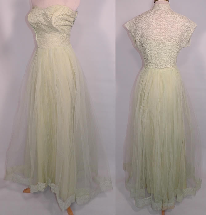 Vintage Harlene Design Mint Green Lace Tulle Net Strapless Formal Dress & Jacket. The dress measures 52 inches long, with a 28 inch waist and 38 inch bust. There is a matching mint green lace tulle net short cropped bolero jacket, with choker collar button closure at the neck, open front and lace covered button closures at the bottom.