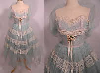 Vintage White Lace Blue Ruffle Tulle Net Strapless Formal Cupcake Dress & Shrug.