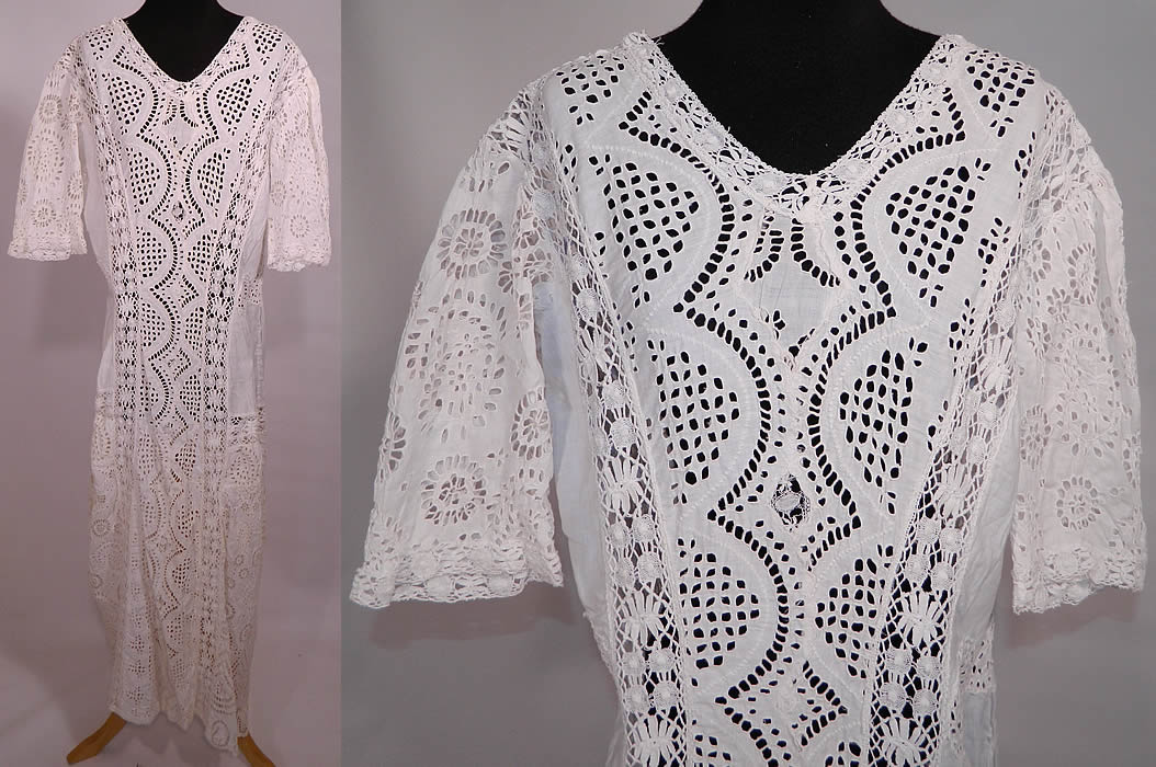 Edwardian White Cotton Batiste Eyelet Lace Large Size Graduation Tea Dress. This antique Edwardian era white cotton batiste lace large size graduation tea dress dates from 1918. It is made of a sheer fine white cotton batiste lawn fabric, with eyelet cut work and torchon bobbin lace inserts.