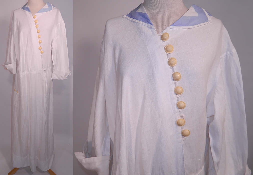 Edwardian White Linen Blue Middy Sailor Collar Large Size Workwear Day Dress. This antique Edwardian era white linen blue middy sailor collar large size workwear day dress dates from 1918.  It is in good condition, missing just one button off the back skirt. This is a wonderful rare piece of summertime beach wear and ladies workwear! 