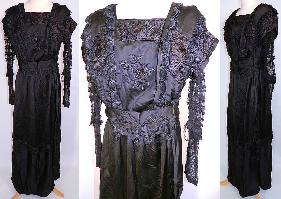 Edwardian Embroidered Black Silk Lace Applique Art Nouveau Dress. This antique Edwardian era embroidered black silk lace applique Art Nouveau dress dates from 1910. It is made of a fine black silk fabric, with silk raised padded satin stitch embroidery work trim, a floral applique and sheer net lace sleeves.