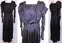 Edwardian Embroidered Black Silk Lace Applique Art Nouveau Dress.