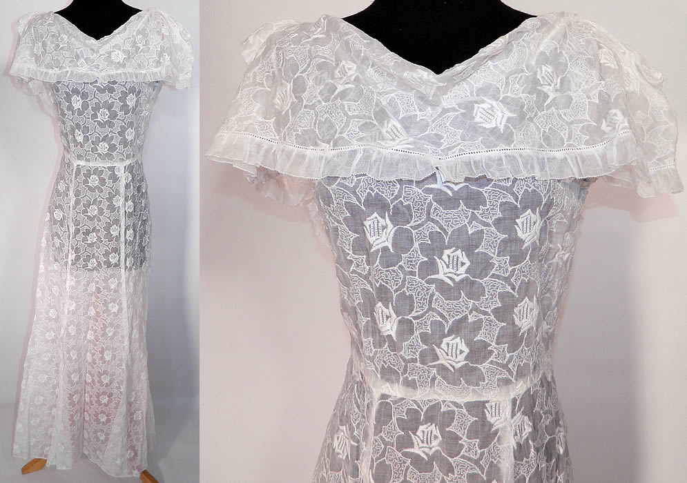 Vintage White Organdy Embroidered Roses Shawl Collar Dress. This vintage white organdy embroidered roses shawl collar dress dates from the 1930s. It is made of a sheer white organdy fabric, with a white stitched, raised padded satin stitch floral roses pattern design.