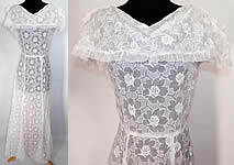 Vintage White Organdy Embroidered Roses Shawl Collar Dress. 