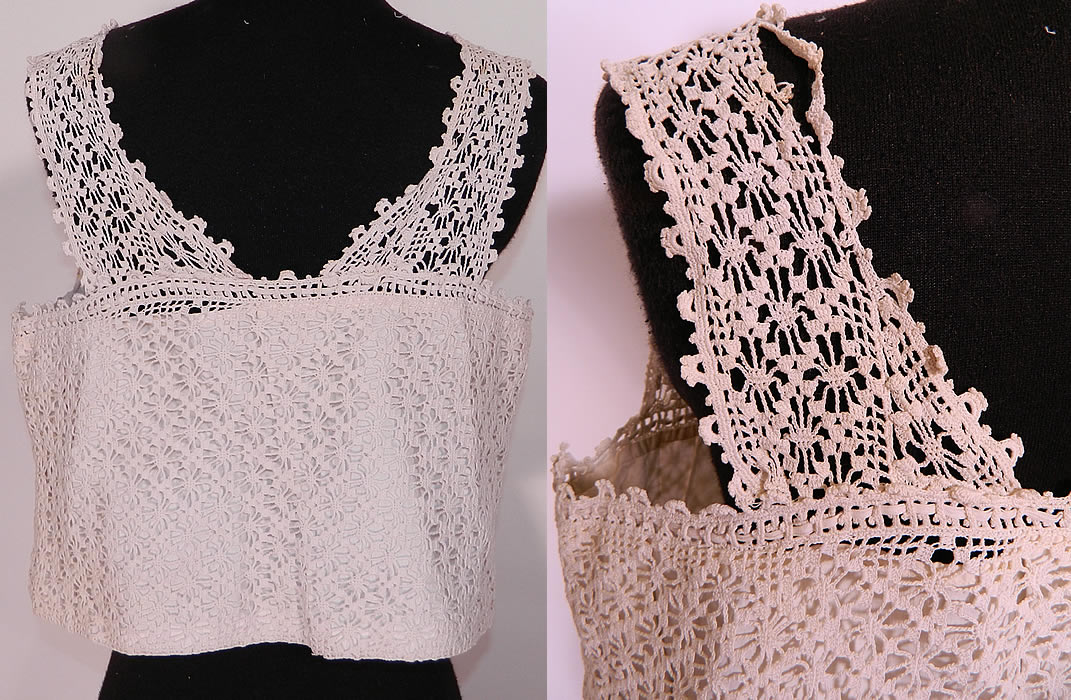 Edwardian White Cotton Crochet Lace Lingerie Camisole Top. It is in good condition, missing the inside neck front drawstring and has a small break in the lace shoulder strap (see close-up). This is a wonderful piece of antique textile lace art! 