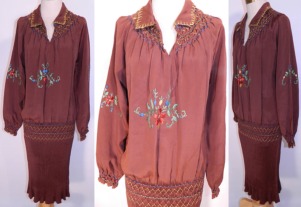 Vintage Brown Silk Pleated Skirt Drop Waist Floral Embroidered Boho Peasant Dress