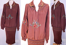 Vintage Brown Silk Pleated Skirt Drop Waist Floral Embroidered Boho Peasant Dress