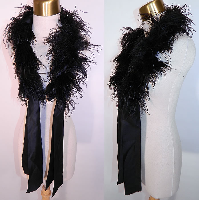 Victorian Black Ostrich Feather Neck Boa Collar Scarf Silk Ribbon Ties. This Victorian era antique black ostrich feather neck boa collar scarf silk ribbon ties dates from 1890. It is made of full fluffy black ostrich feathers, with black silk ribbon ties hanging down from each side and backing the feathers. 