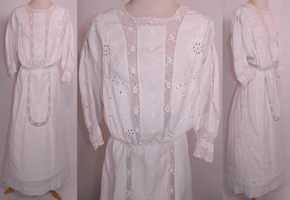 Edwardian White Linen Embroidered Eyelet Irish Crochet Lace Graduation Tea Dress. It is made of a fine quality white linen fabric, with a raised padded satin stitch hand embroidered eyelet cut work floral pattern design and Irish crochet lace trim inserts. This lovely lace long floor length dress has a squared neckline, 3/4 length sleeves, a horse shoe shape lace trim insert on the full skirt and button back closures.