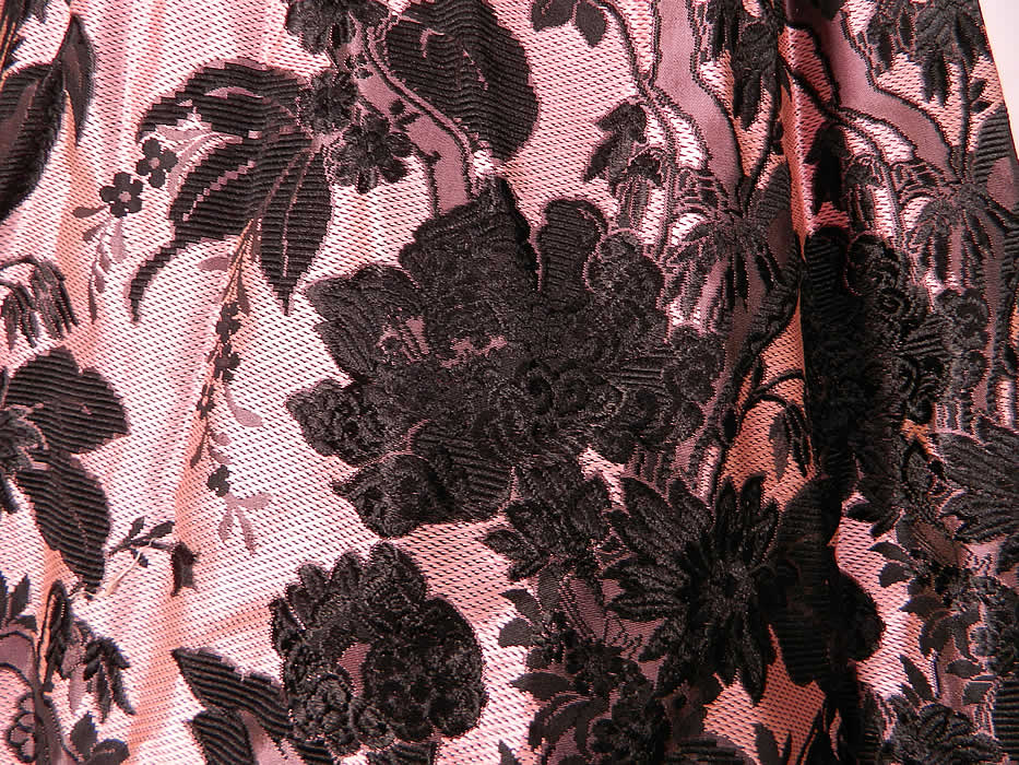 Victorian Pink & Black Floral Silk Damask Brocade Ball Gown Bustle Skirt. The skirt measures 42 inches long, with a 22 inch waist. 