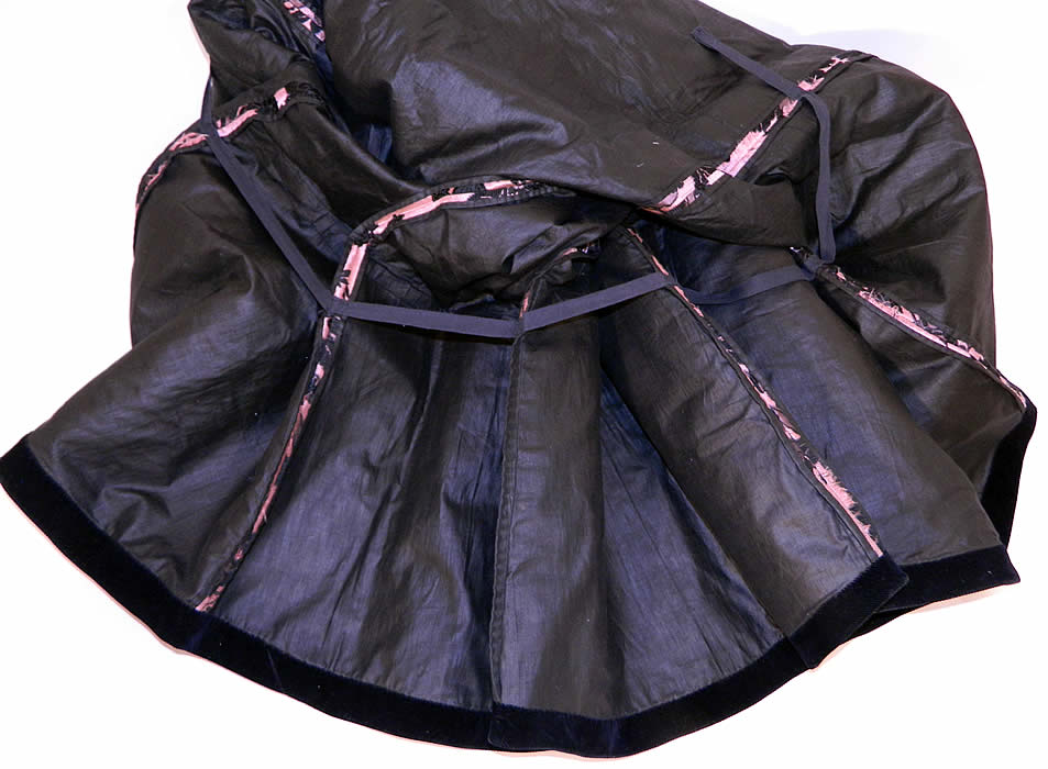 Victorian Pink & Black Floral Silk Damask Brocade Ball Gown Bustle Skirt. This antique Victorian era pink and black floral silk damask brocade ball gown bustle skirt dates from the 1880s. This is truly a rare and wonderful piece of antique Victoriana textile wearable art! 