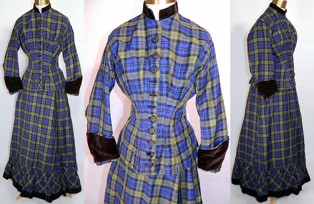 Victorian Blue & Green Plaid Tartan Wool Bustle Gown Bodice & Skirt. t is made of blue, green, black and yellow Scottish plaid tartan pattern fine wool fabric, with brown velvet trim edging. This pretty plaid 2 piece visiting dress has a long fitted bodice, with a high band neck collar trimmed in velvet and wide sleeve cuffs, long full sleeves, a skirted waist, with button trim back drape and is fully lined with button closures down the front. 