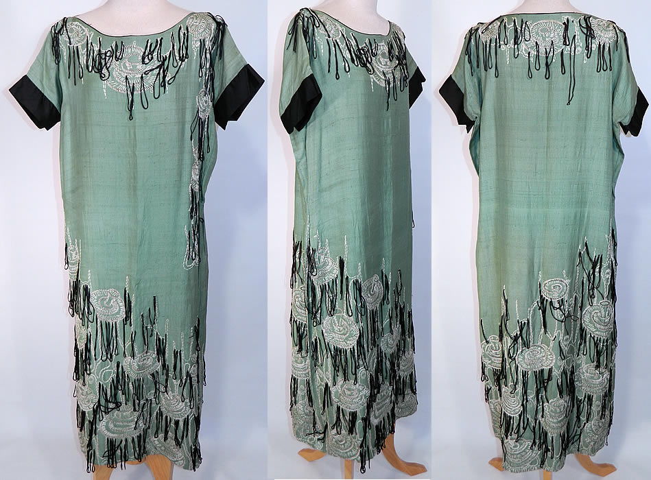 Vintage Green Silk Embroidered Mushroom Fringe Flapper Dress