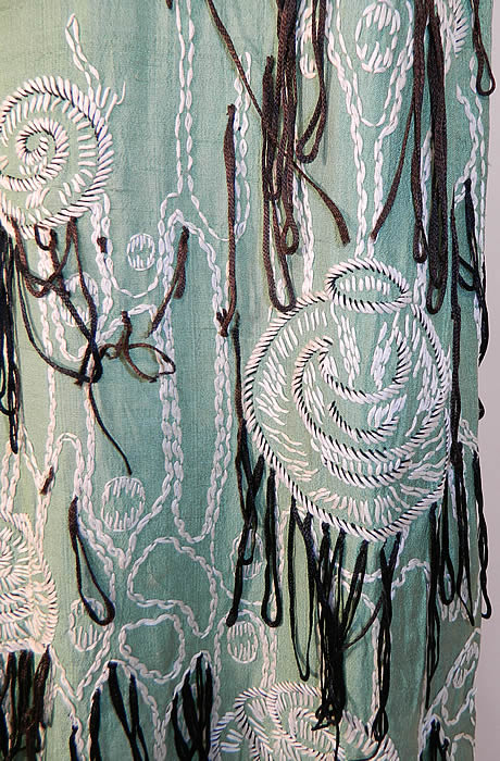 Vintage Green Silk Embroidered Mushroom Fringe Flapper Dress
