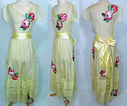 Vintage Yellow Organdy Pink Roses Chintz Applique Belted Dress