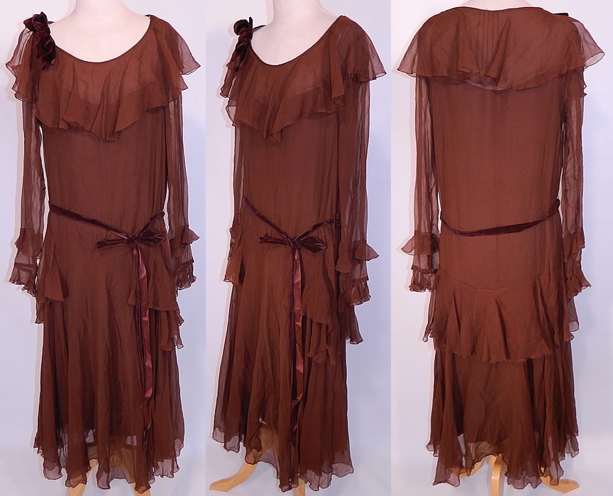 Vintage Chocolate Brown Silk Chiffon Peplum Ruffle Belted Drop Waist Dress
