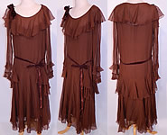 Vintage Chocolate Brown Silk Chiffon Peplum Ruffle Belted Drop Waist Dress