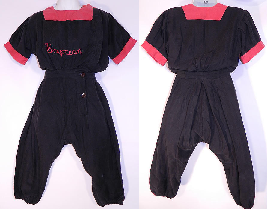 Vintage JJ Pfister Knitting Co Bayocean Bathing Suit Swimsuit Bloomers. This Edwardian era vintage JJ Pfister Knitting Co. Bayocean bathing suit swimsuit bloomers date from 1915. It is made of a black cotton twill fabric, with a red trim neckline and sleeve cuffs.