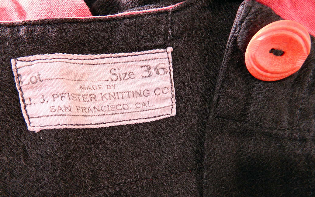 Vintage JJ Pfister Knitting Co Bayocean Bathing Suit Swimsuit Bloomers close up. There is a "Made By J.J. Pfister Knitting Co. San Francisco, California" Size 36 label sewn inside. The swimsuit measures 45 inches long, with an 18 inch inseam, 40 inch hips, a 26 inch waist and 44 inch bust. 
