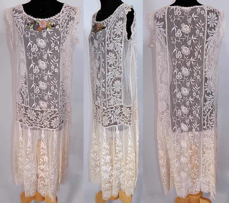 Vintage Silk Rosette Trim White Embroidered Net Filet Lace Drop Waist Dress