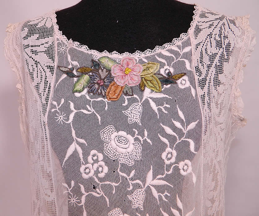 Vintage Silk Rosette Trim White Embroidered Net Filet Lace Drop Waist Dress.