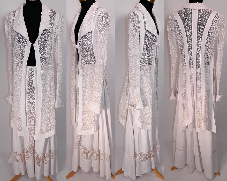 Edwardian White Linen Net Soutache Work Walking Suit Dress Jacket & Skirt. It is made of a white linen and sheer net fabric, with raised white soutache stitched embroidery work done in a decorative spiral scrolling design pattern.