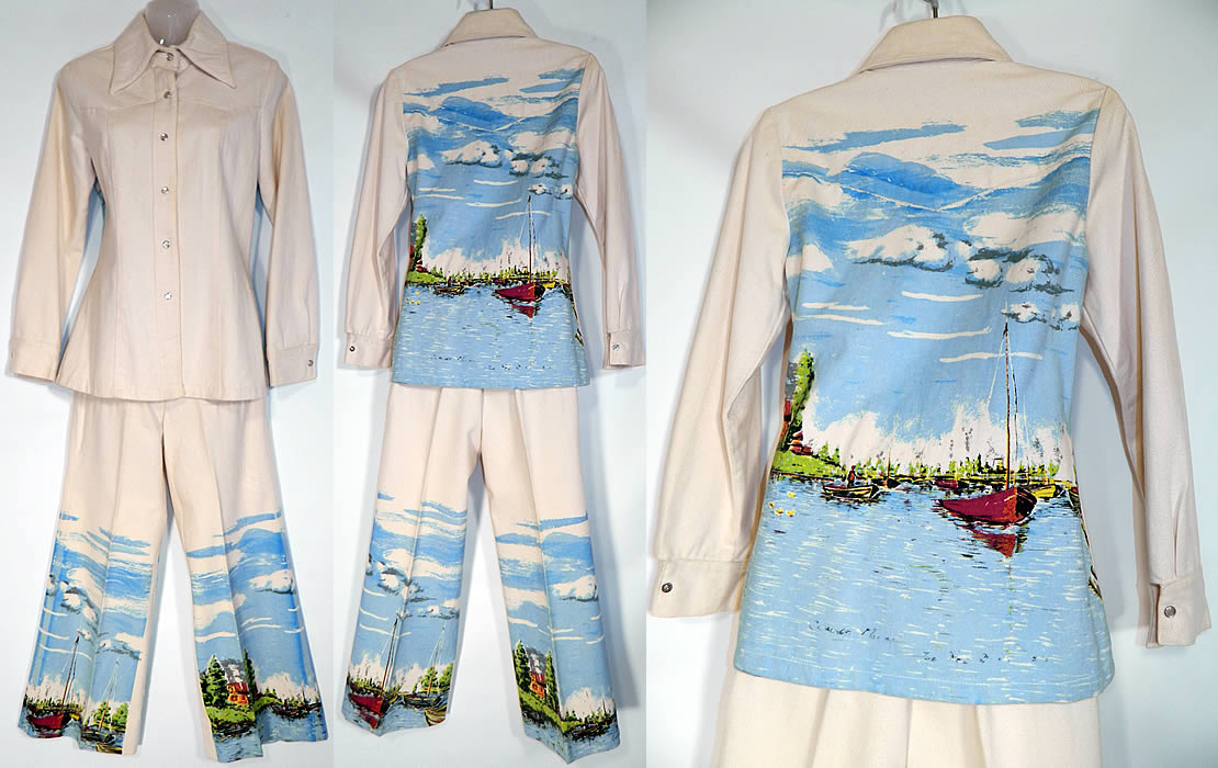 Vintage Allie Flynn for Evan Roberts Claude Monet Painted Pant Suit Jacket Bell Bottoms. It is made of a white soft cotton twill denim fabric, with an airbrushed print of the Claude Monet painting Les Bateaux Rouges, Argenteuil harbor sailboat scene done on the back of the jacket and bottom pant legs.