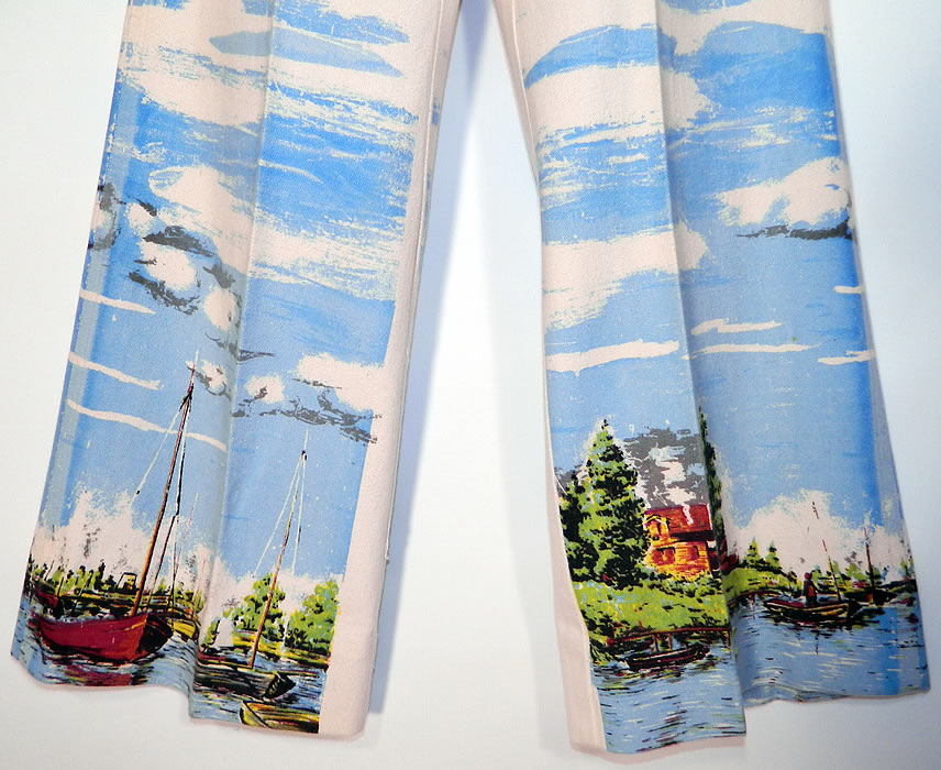 Vintage Allie Flynn for Evan Roberts Claude Monet Painted Pant Suit Jacket Bell Bottoms. The slacks measure 37 inches long, with a 26 inch inseam, 36 inch hips and a 26 inch waist. 