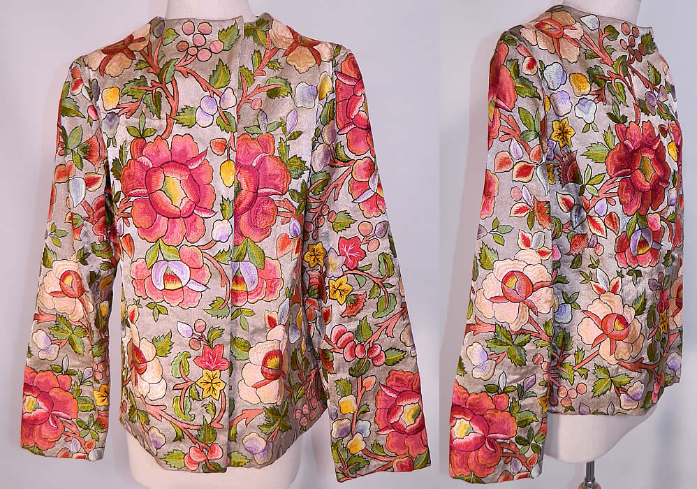 Vintage Silver Metallic Lam&eacute; Silk Embroidered Floral Leaf Coat Jacket. This amazing antique vintage silver metallic lam&eacute; silk embroidered floral leaf coat jacket was created from 1920s embroidered fabric, but has a 1940s construction style and lining.